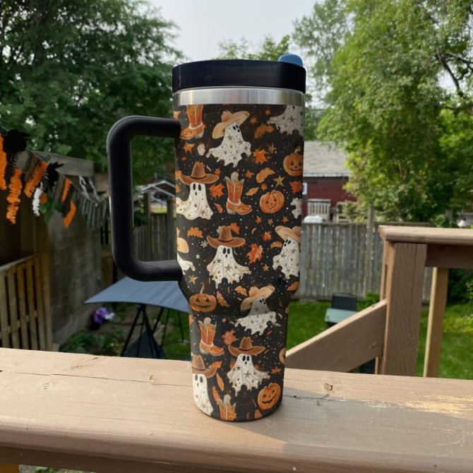Halloween Brown Ghostly Cowboy Custom Stanley Quencher 40Oz Stainless Steel Tumbler With Handle - Image 3