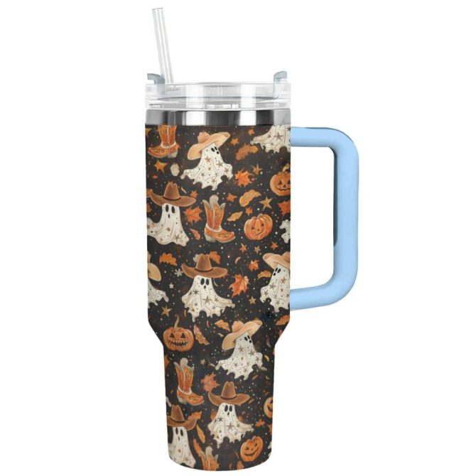 Halloween Brown Ghostly Cowboy Custom Stanley Quencher 40Oz Stainless Steel Tumbler With Handle - Image 13