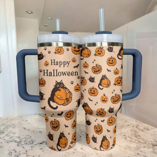 Halloween Cat And Pumpkin Custom Stanley Quencher 40Oz Stainless Steel Tumbler With Handle - Image 4