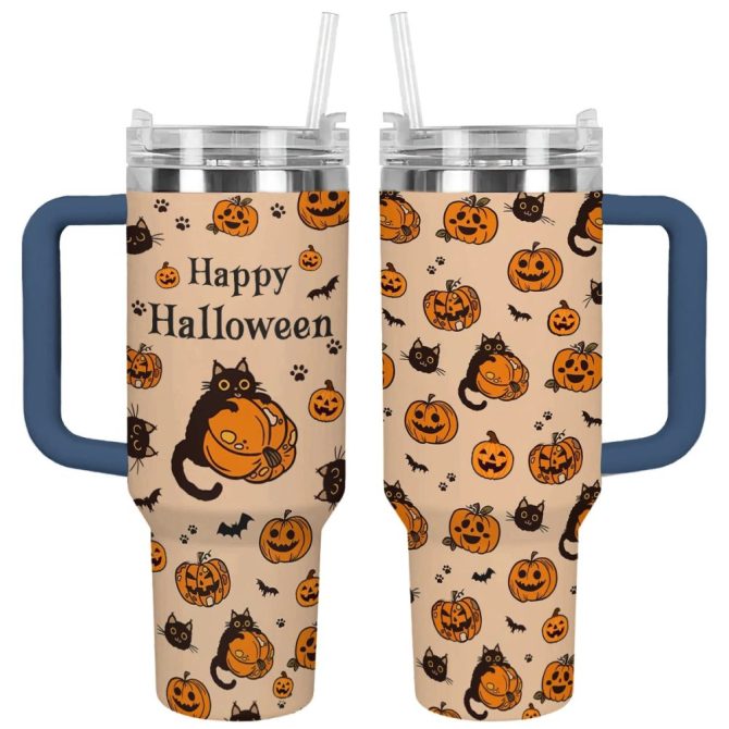 Halloween Cat And Pumpkin Custom Stanley Quencher 40Oz Stainless Steel Tumbler With Handle - Image 13