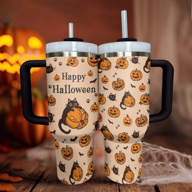 Halloween Cat And Pumpkin Custom Stanley Quencher 40Oz Stainless Steel Tumbler With Handle - Image 2