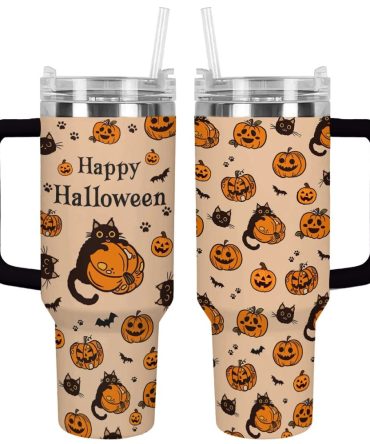 Halloween Cat And Pumpkin Custom Stanley Quencher 40Oz Stainless Steel Tumbler With Handle