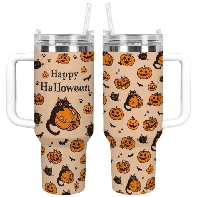 Halloween Cat And Pumpkin Custom Stanley Quencher 40Oz Stainless Steel Tumbler With Handle - Image 12