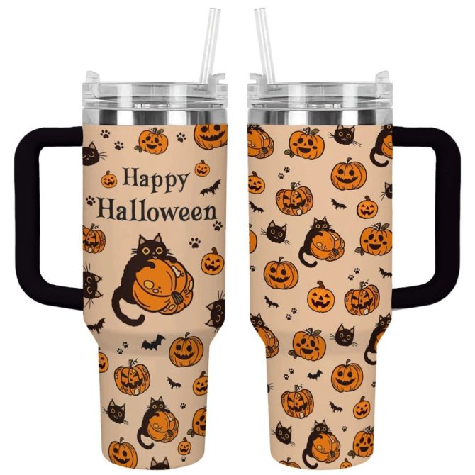 Halloween Cat And Pumpkin Custom Stanley Quencher 40Oz Stainless Steel Tumbler With Handle - Image 11