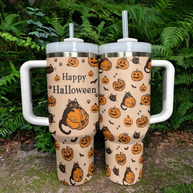 Halloween Cat And Pumpkin Custom Stanley Quencher 40Oz Stainless Steel Tumbler With Handle - Image 3