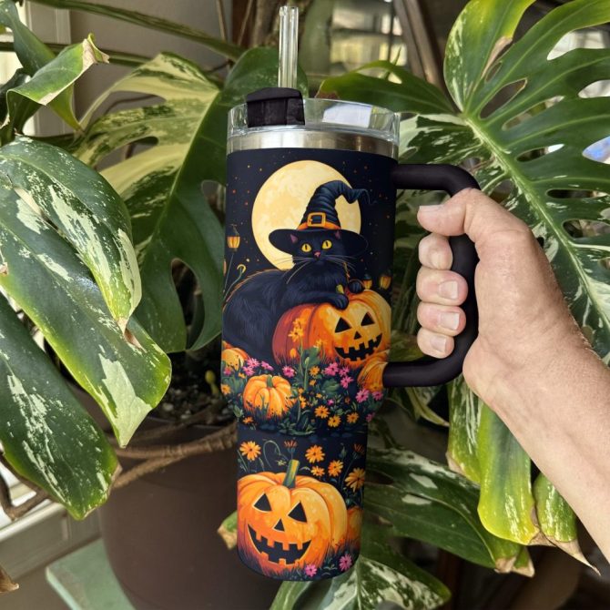 Halloween Cat Garden Custom Stanley Quencher 40Oz Stainless Steel Tumbler With Handle - Image 3