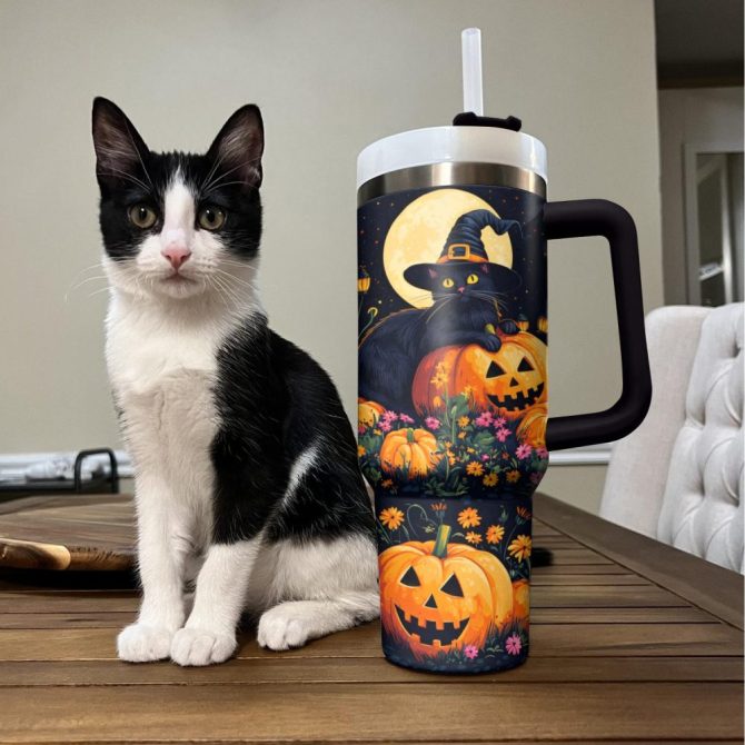 Halloween Cat Garden Custom Stanley Quencher 40Oz Stainless Steel Tumbler With Handle - Image 2