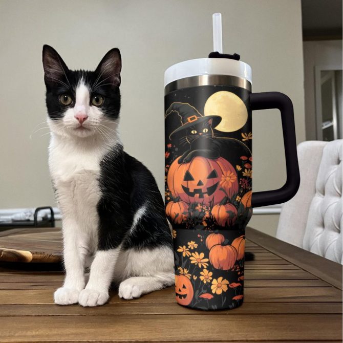 Halloween Cat Garden Custom Stanley Quencher 40Oz Stainless Steel Tumbler With Handle - Image 3