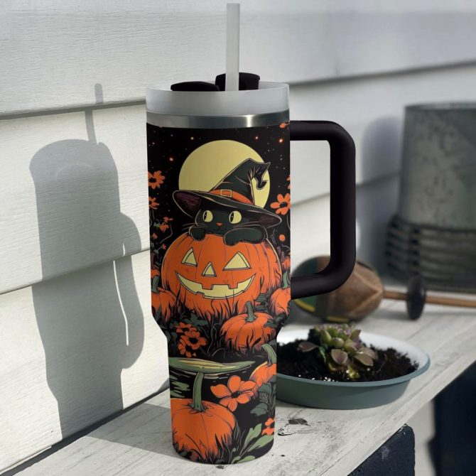 Halloween Cat Garden Custom Stanley Quencher 40Oz Stainless Steel Tumbler With Handle - Image 3