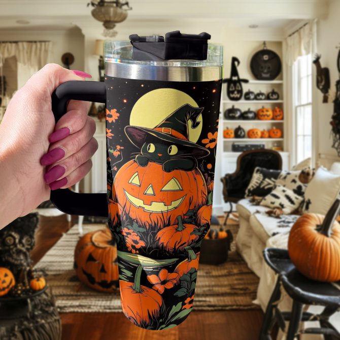 Halloween Cat Garden Custom Stanley Quencher 40Oz Stainless Steel Tumbler With Handle - Image 2