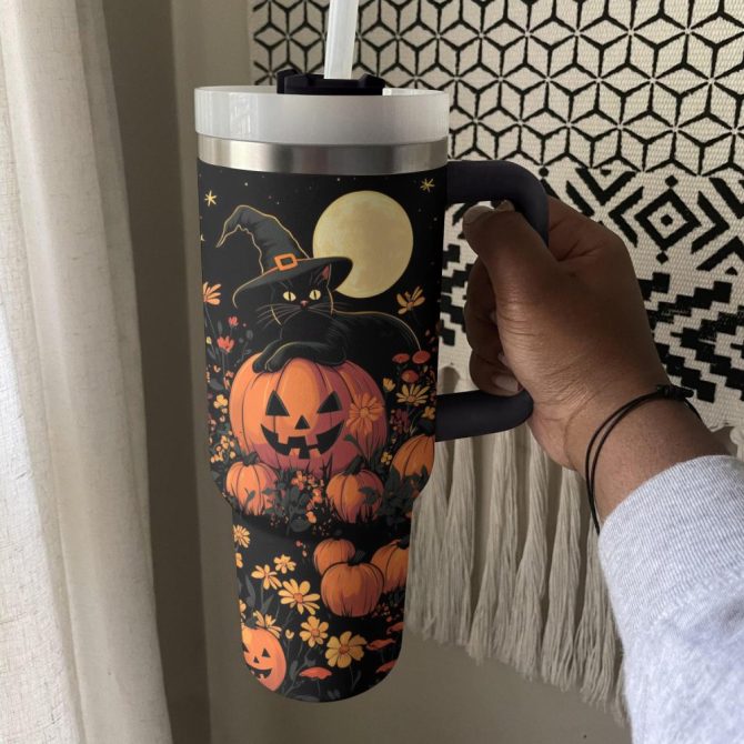 Halloween Cat Garden Custom Stanley Quencher 40Oz Stainless Steel Tumbler With Handle - Image 2