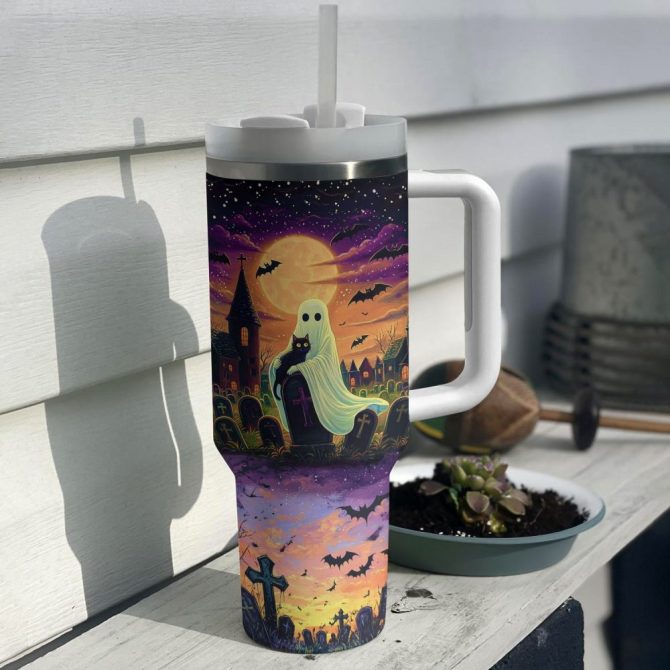 Halloween Cat In Ghost Hands Custom Stanley Quencher 40Oz Stainless Steel Tumbler With Handle - Image 3