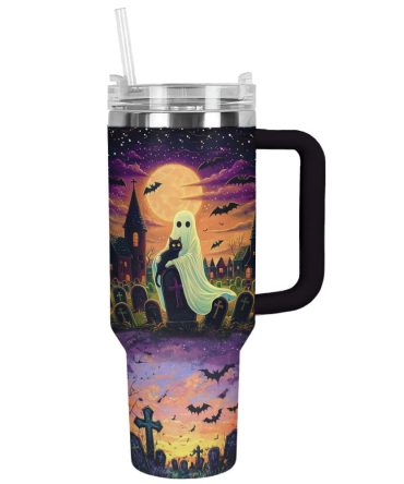 Halloween Cat In Ghost Hands Custom Stanley Quencher 40Oz Stainless Steel Tumbler With Handle