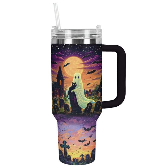 Halloween Cat In Ghost Hands Custom Stanley Quencher 40Oz Stainless Steel Tumbler With Handle - Image 11