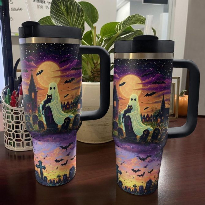 Halloween Cat In Ghost Hands Custom Stanley Quencher 40Oz Stainless Steel Tumbler With Handle - Image 2