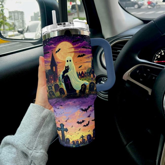 Halloween Cat In Ghost Hands Custom Stanley Quencher 40Oz Stainless Steel Tumbler With Handle - Image 4