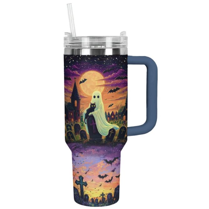 Halloween Cat In Ghost Hands Custom Stanley Quencher 40Oz Stainless Steel Tumbler With Handle - Image 13