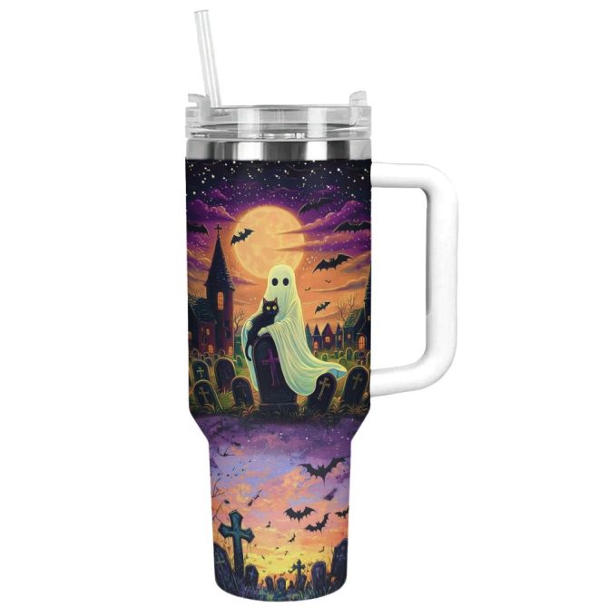 Halloween Cat In Ghost Hands Custom Stanley Quencher 40Oz Stainless Steel Tumbler With Handle - Image 12