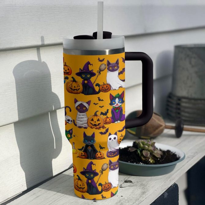 Halloween Cat Spooky Custom Stanley Quencher 40Oz Stainless Steel Tumbler With Handle - Image 4