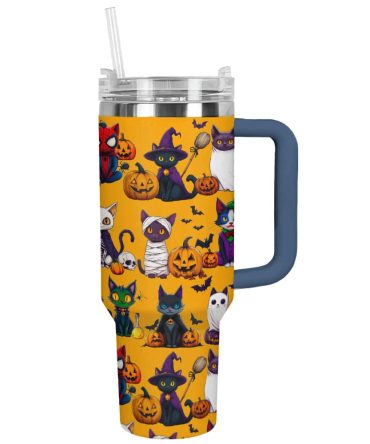 Halloween Cat Spooky Custom Stanley Quencher 40Oz Stainless Steel Tumbler With Handle