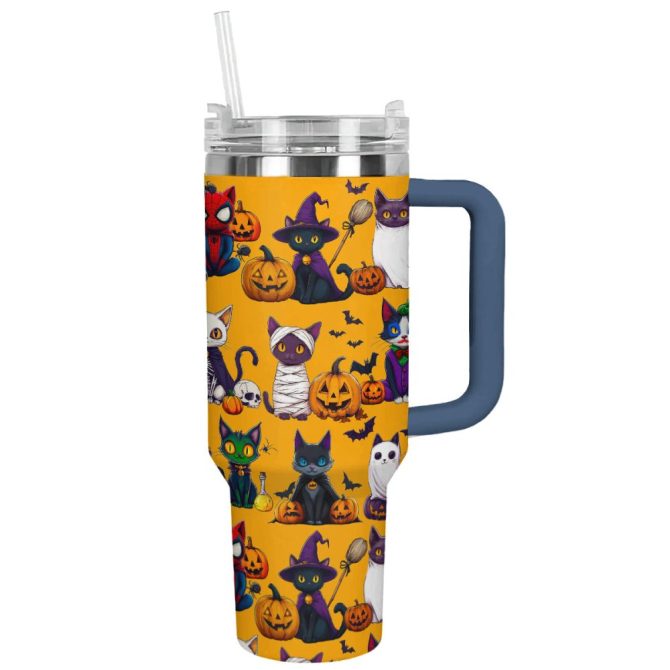 Halloween Cat Spooky Custom Stanley Quencher 40Oz Stainless Steel Tumbler With Handle