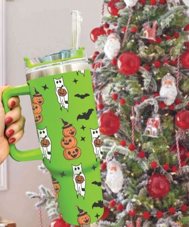Halloween Cat With Pumpkin Custom Stanley Quencher 40Oz Stainless Steel Tumbler With Handle