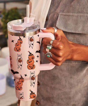 Halloween Cat With Pumpkin Custom Stanley Quencher 40Oz Stainless Steel Tumbler With Handle