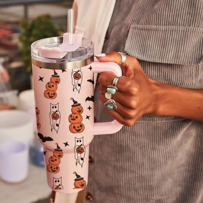 Halloween Cat With Pumpkin Custom Stanley Quencher 40Oz Stainless Steel Tumbler With Handle