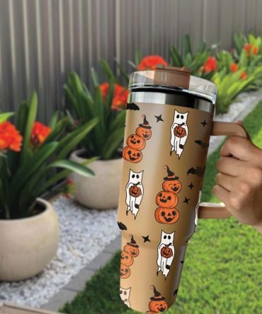 Halloween Cat With Pumpkin Custom Stanley Quencher 40Oz Stainless Steel Tumbler With Handle