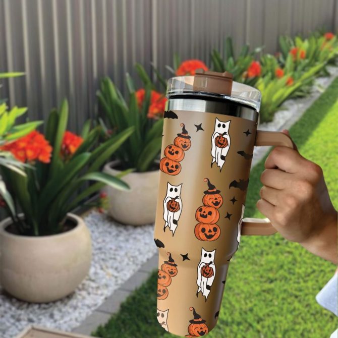 Halloween Cat With Pumpkin Custom Stanley Quencher 40Oz Stainless Steel Tumbler With Handle