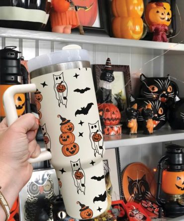 Halloween Cat With Pumpkin Custom Stanley Quencher 40Oz Stainless Steel Tumbler With Handle