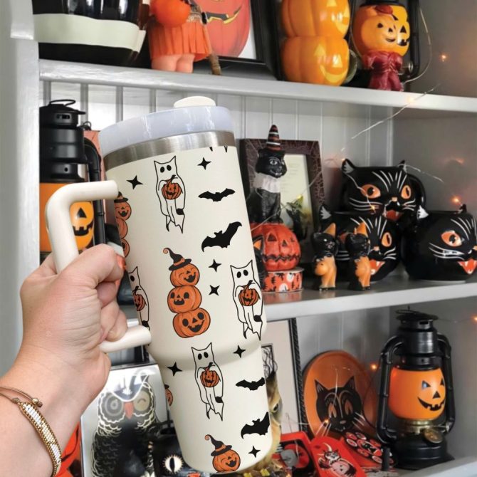 Halloween Cat With Pumpkin Custom Stanley Quencher 40Oz Stainless Steel Tumbler With Handle