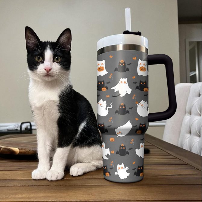 Halloween Cute Cat Custom Stanley Quencher 40Oz Stainless Steel Tumbler With Handle - Image 4