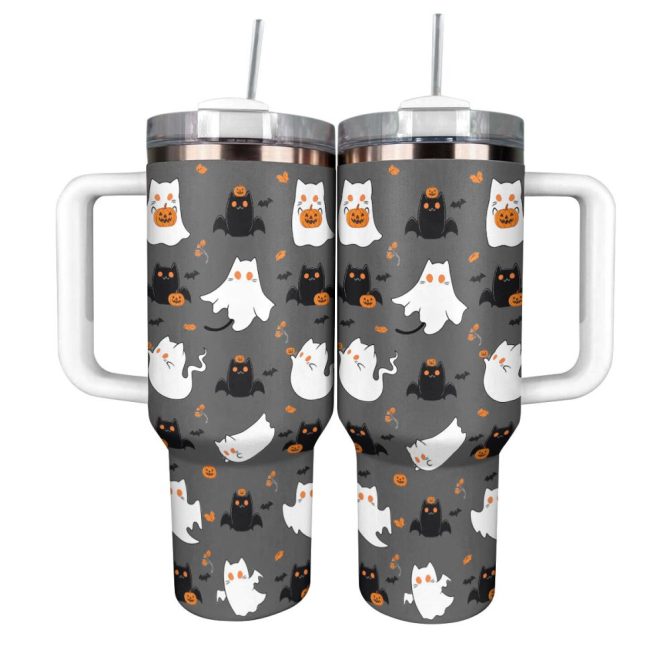 Halloween Cute Cat Custom Stanley Quencher 40Oz Stainless Steel Tumbler With Handle - Image 12