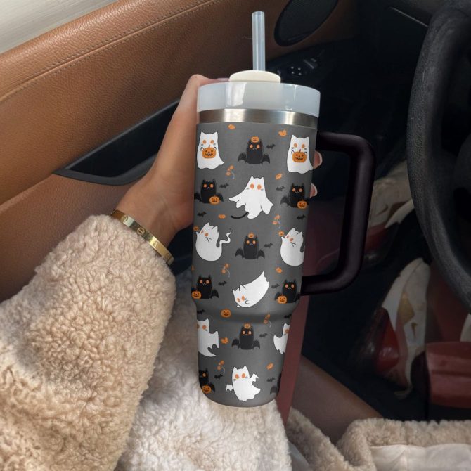 Halloween Cute Cat Custom Stanley Quencher 40Oz Stainless Steel Tumbler With Handle - Image 3