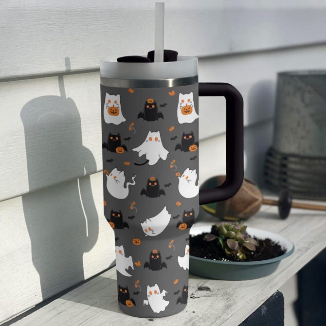 Halloween Cute Cat Custom Stanley Quencher 40Oz Stainless Steel Tumbler With Handle - Image 2