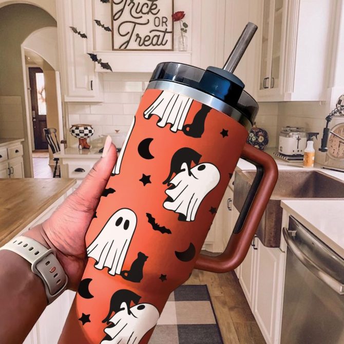 Halloween Cute Ghost Custom Stanley Quencher 40Oz Stainless Steel Tumbler With Handle