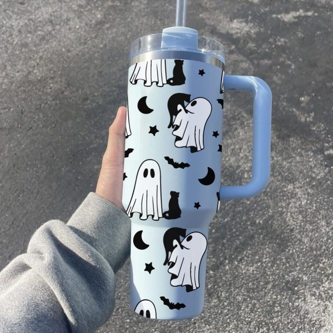 Halloween Cute Ghost Custom Stanley Quencher 40Oz Stainless Steel Tumbler With Handle