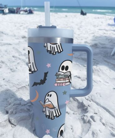 Halloween Cute Ghost Reading Custom Stanley Quencher 40Oz Stainless Steel Tumbler