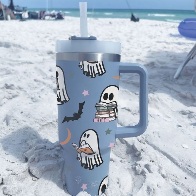 Halloween Cute Ghost Reading Custom Stanley Quencher 40Oz Stainless Steel Tumbler