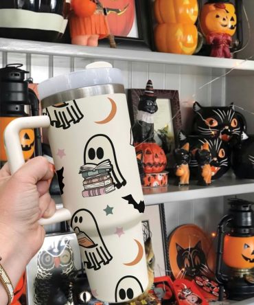 Halloween Cute Ghost Reading Custom Stanley Quencher 40Oz Stainless Steel Tumbler