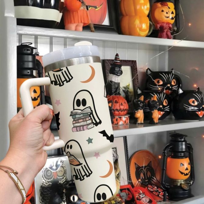 Halloween Cute Ghost Reading Custom Stanley Quencher 40Oz Stainless Steel Tumbler