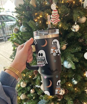 Halloween Cute Ghost Reading Custom Stanley Quencher 40Oz Stainless Steel Tumbler