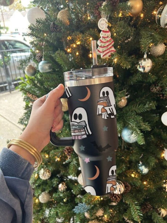 Halloween Cute Ghost Reading Custom Stanley Quencher 40Oz Stainless Steel Tumbler