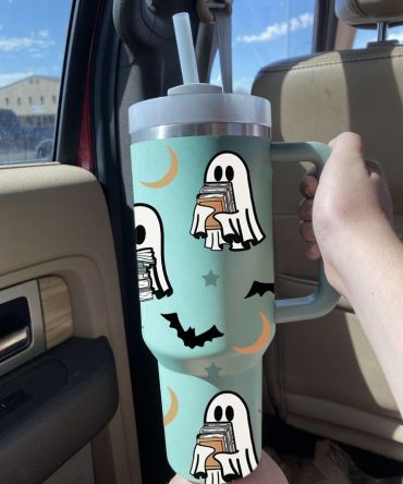 Halloween Cute Ghost Reading Custom Stanley Quencher 40Oz Stainless Steel Tumbler