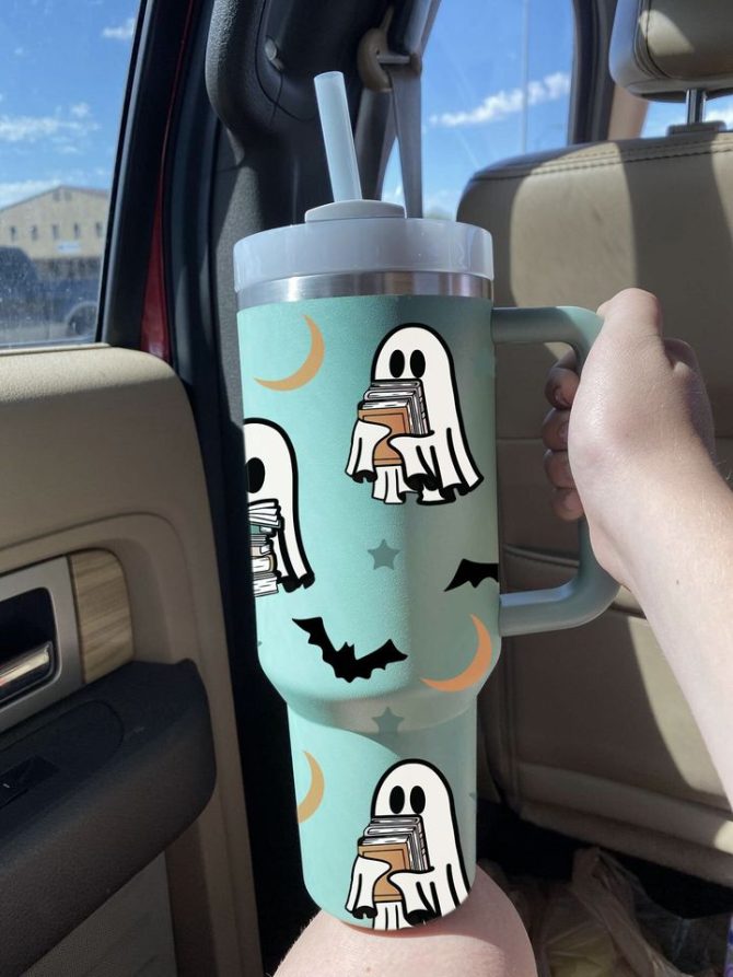 Halloween Cute Ghost Reading Custom Stanley Quencher 40Oz Stainless Steel Tumbler