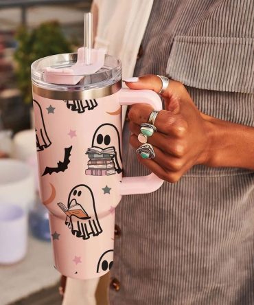 Halloween Cute Ghost Reading Custom Stanley Quencher 40Oz Stainless Steel Tumbler