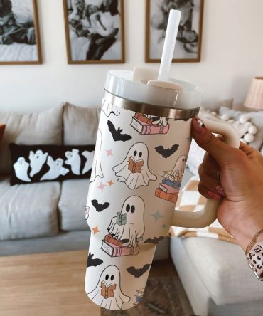 Halloween Cute Ghost Reading Custom Stanley Quencher 40Oz Stainless Steel Tumbler With Handle