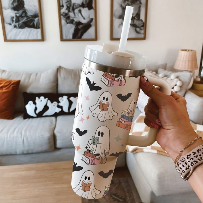 Halloween Cute Ghost Reading Custom Stanley Quencher 40Oz Stainless Steel Tumbler With Handle