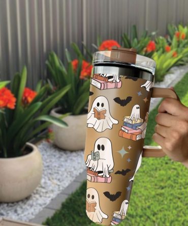 Halloween Cute Ghost Reading Custom Stanley Quencher 40Oz Stainless Steel Tumbler With Handle